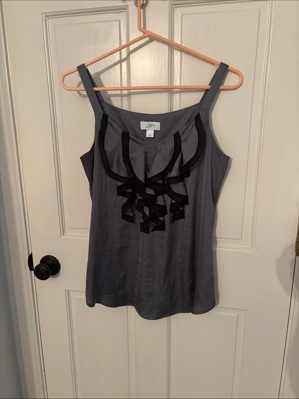 LOFT Gray Sleeveless Tank with Black Ribbon Detail